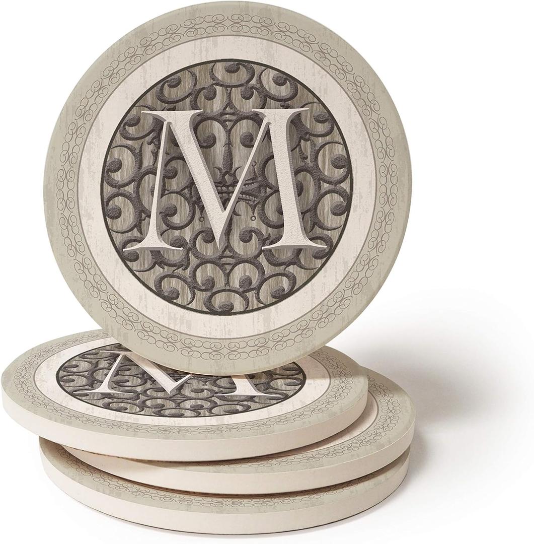 Monogram M Coasters Set of 4 Round Stoneware Coasters, Drink Coasters Wedding or Hostess Gifts for Women Or Men, Housewarming Gifts or Home Dcor Absorbent with Cork Backing