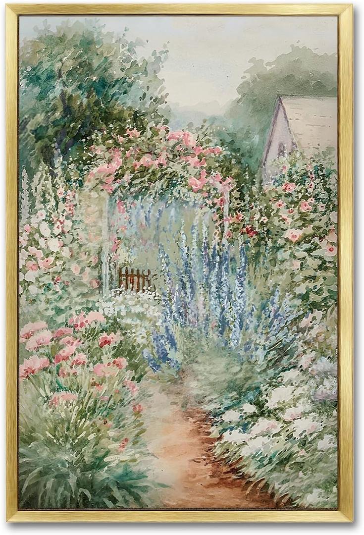 AIMAILON Vintage Gold Canvas Wall Art Framed Decor for Bedroom Living Room Abstract Nature Theme Spring Atmosphere Picture Colorful Flower Cottagecore Print Artwork Desktop Decor 12x18 (Green Garden)