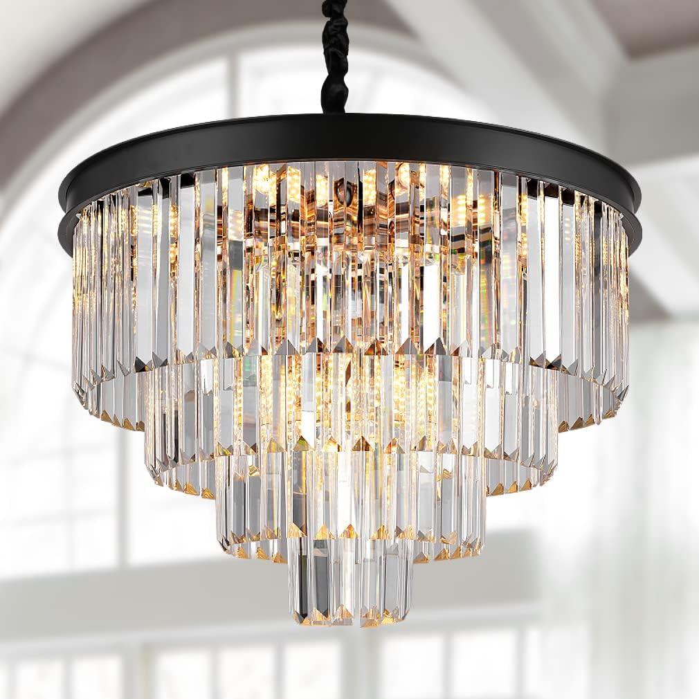 Modern Crystal Chandeliers 24" Round Top K9 Crystals Chandelier Adjustable Ceiling Light Fixture 4-Tier K9 Crystal Pendant Lamp 12-Light for Dinning Room Living Room Foyer (Black)