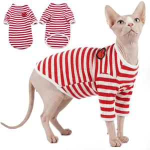 DENTRUN Hairless Cats Shirt Breathable Cat Daily Wear Clothes Stripe Vest Adorable Pajamas Jumpsuit Soft & Skin-Friendly (Large, Red/Long Sleeve)
