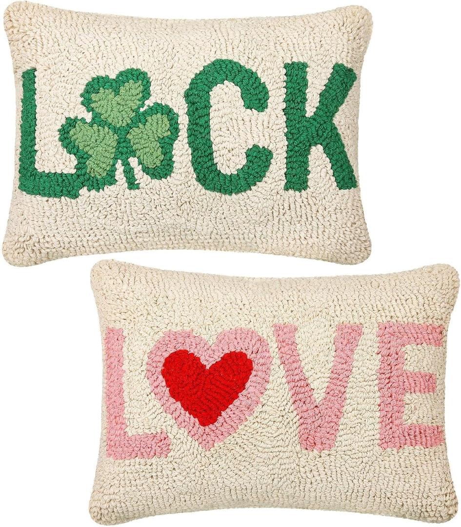 1 Pcs St. Patrick's Day Pillow Wool Valentine's Day Clover 8 x 12 Inch Double Sided Pillow Luck Shamrock Love Hearts Embroidery St Patricks Gift for Home Bedroom Sofa Festivals Decor