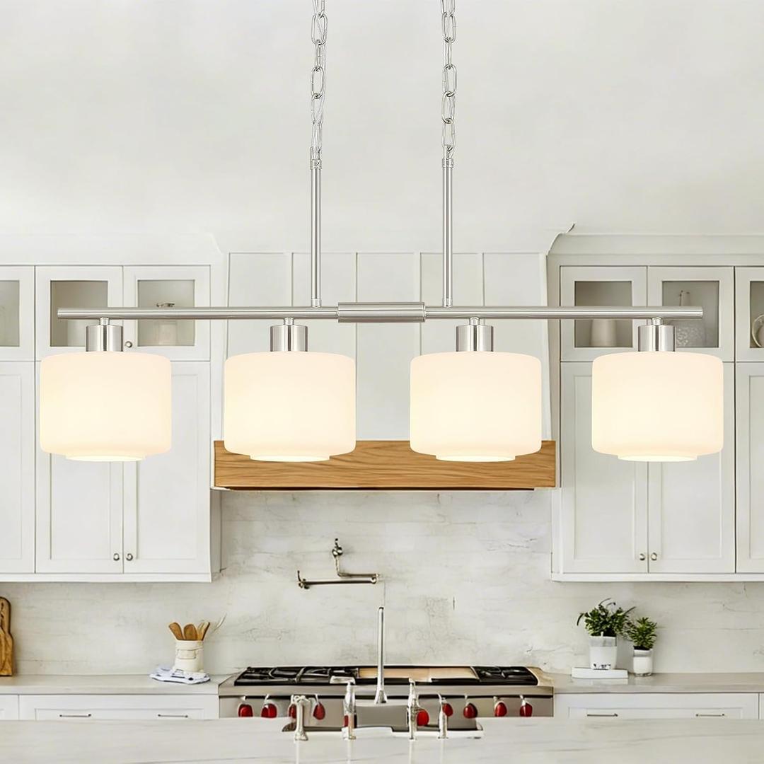 4-Light Brushed Nickel Kitchen Island Lighting, Modern Linear Dining Room Chandelier Light Fixtures with Milk Glass and Chain, Mid Century Hanging Lights for Kitchen Island, OS-YQ8153-4ISBNW