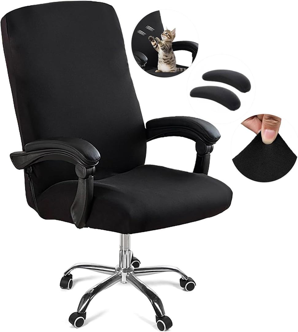 Office Chair Cover,Removable Desk Chair Cover with Zipper,Stretch Anti-dust Universal Rotating Office Seat Slipcover,Washable High Back Computer Seat Protector for Pets (Black, Large | Armrests)