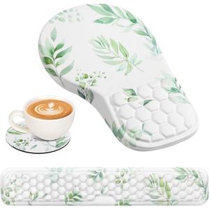 3 in 1 Ergonomic Mouse Pad and Keyboard Wrist Rest, Cute Mouse Pad with Wrist Support Massage Design, Non-Slip Wrist Pad for Mouse, Desk Mouse Set (Green Plant)