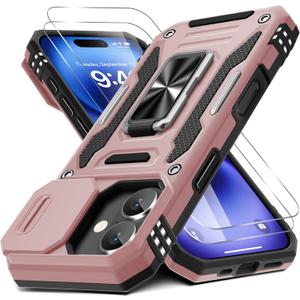 DEERLAMN Case for iPhone 17 6.3-Inch with Slide Camera Cover + Screen Protector (2 Packs), Rotated Ring Kickstand Military Grade Shockproof Protective Cover-Rose Gold