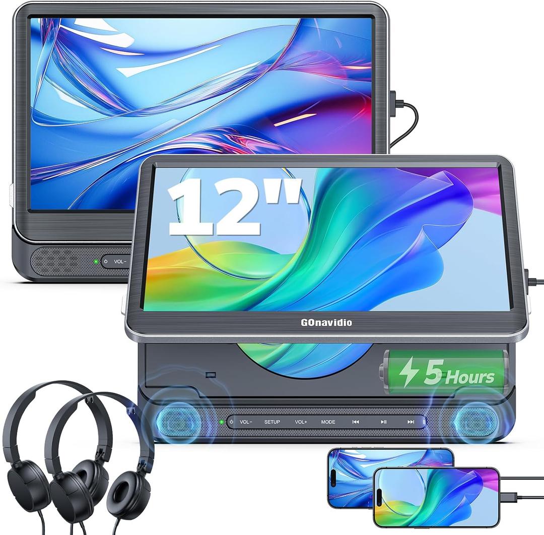 GOnavidio 12" Dual Car DVD Players with HDMI Input, Headrest DVD Players for Car with Headphones, 5-Hour Battery, 1366 * 768 Screen Mirroring, USB/TF Reader, MP4/MKV (NB1021B-A08)