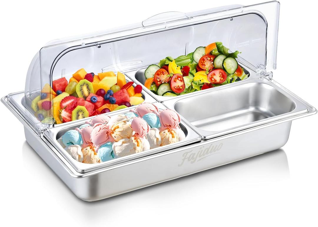 Countertop Ice Serving Display Container, Stainless Steel Food Serving Tray Buffet Condiment Dispenser, Spice Food Display Salad Dressing Cooler with Clear Roll Top Cover