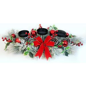 28'' Christmas Triple Candelabrum Centerpiece, Christmas Centerpiece Decorations with Snowy Pine Cones Bow Holly for Dining Table Fireplace Mantel Holiday Party