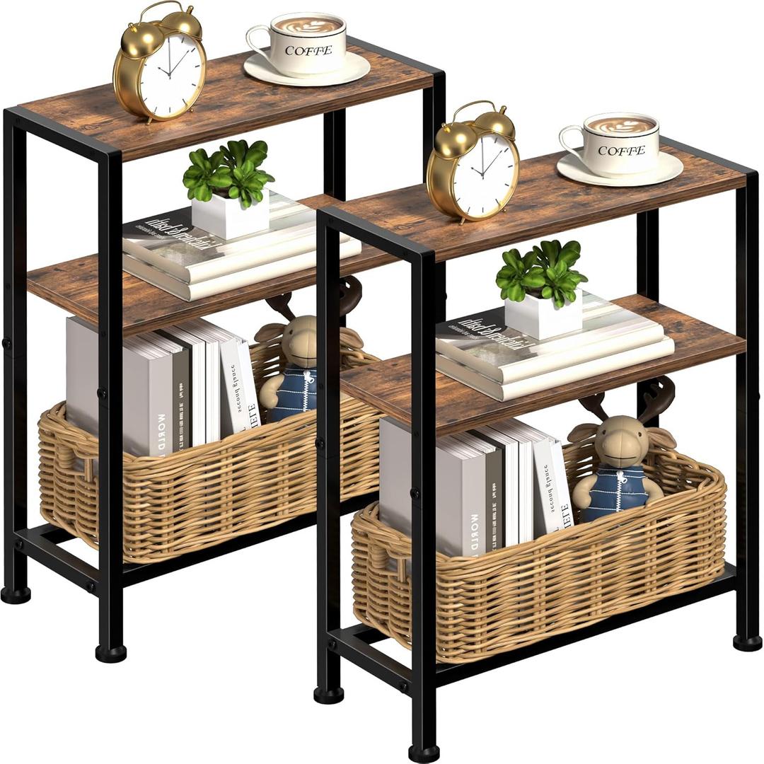 Narrow Side Table for Small Space Set of 2, 3Tier Small End Table with Shelf Holder, Slim Nightstand, Skinny Snack Couch Table in Living Room, Bedroom, Study, Kitchen and Balcony（Rustic Brown)