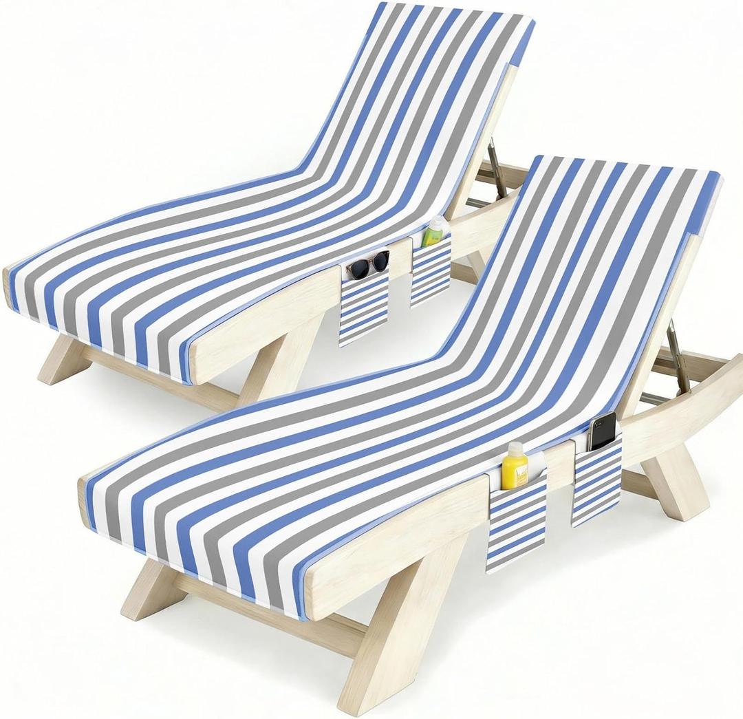 Lounge Chaise Chair Towel Covers (Pack Of 2), Beach Chair Cover With 3 Pockets For Pool Outdoor Beach Garden Patio Trips,85 X30 In (Blue Grey)