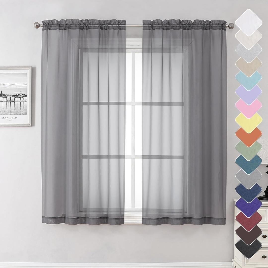 Lecloud Grey Sheer Curtains 63 Inch Long 2 Panels, Elegant Voile Drapes for Dinning Small Windows, Light Filtering Voile Curtain for Living Room Bedroom Bathroom, Dual Rod Pocket, 40" Wx63 L