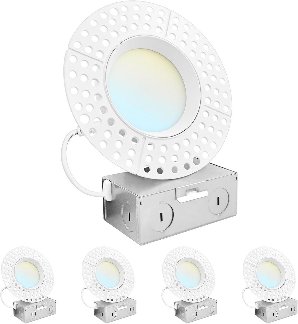 LUXRITE 4 Inch Trimless LED Recessed Lights with Junction Box, 15W, 1200LM, 4 Count