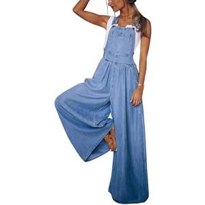 chouyatou Women's Loose Adjustable Strap Wide Leg Denim Bib Overall Jeans Pants XL