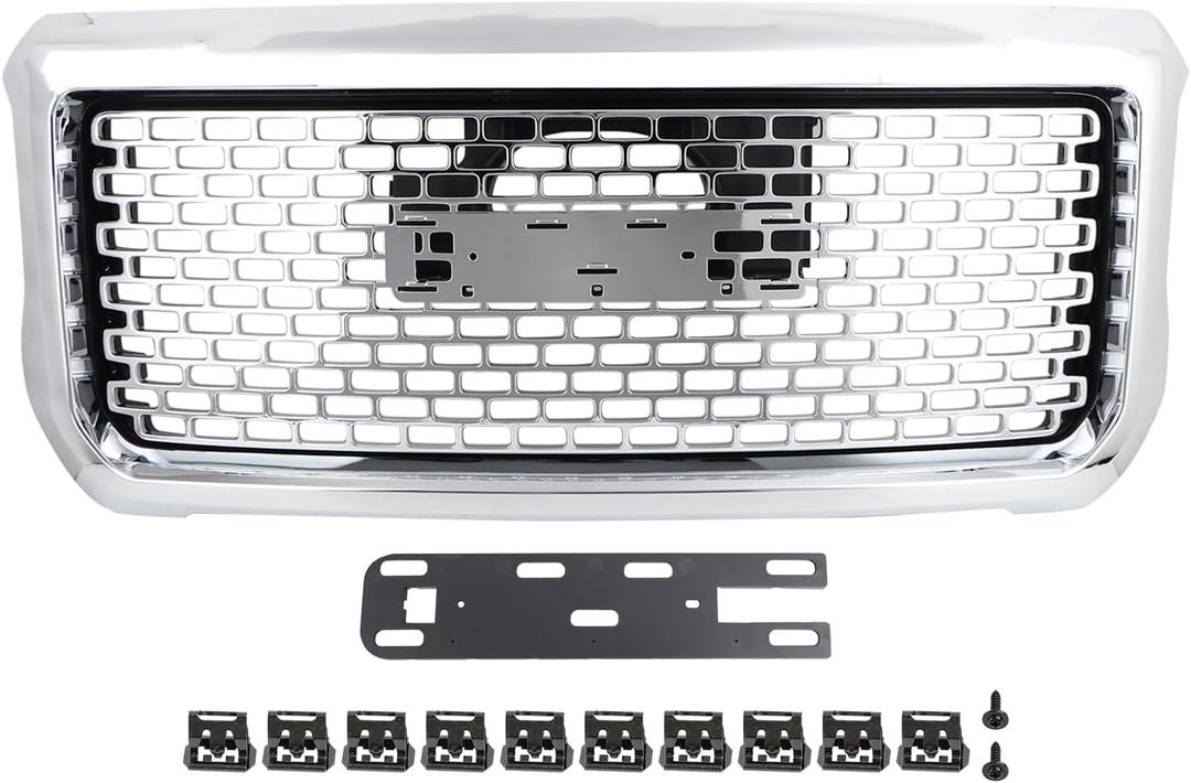 Chrome Grill Compatible With 2014-2015 GMC Sierra 1500 Denali Style Front Bumper Hood Upper Grille Replacement 23254462
