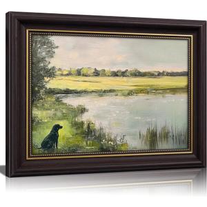 Framed Landscape Vintage Canvas Wall Art Retro Nature Green 3D Textured Botanical Painting Picture Rustic Farmhouse Antique River Black Dog Poster Print Artwork for Living Room Office Decor, 24"L x 16"W