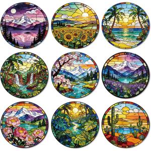 ANATTASOUL Coasters Set of 9 Landscapes Pattern Colorful Wooden Coasters Bulk Round Housewarming Gift for New Home, 3.9" Decorative Coffee Table Protection for Farmhouse Bar House Decor