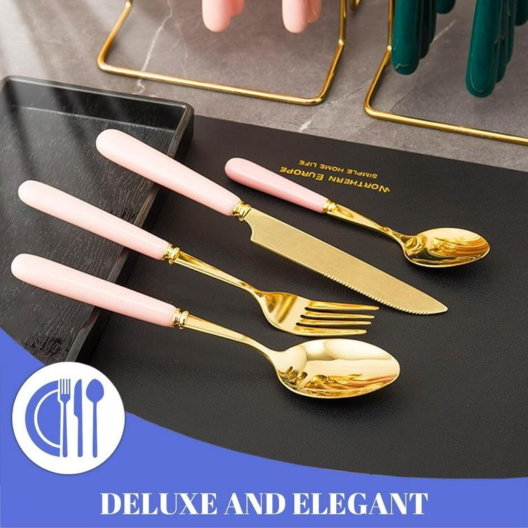 24-Piece Gold Flatware Set Handles – Stainless Steel Silverware Cutlery Set for 6 with Holder, Elegant Tableware for Home, Kitchen & Restaurant (White)