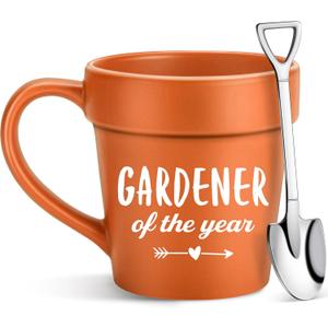 Gardening Coffee Mug Christmas Birthday Gifts for Women Men Boss Teacher Mom Dad Best Friend,Cool HandMade Office Desk Fall Decor White Elephant Gift,Novelty Plant Lovers Pot Cup with Shovel Spoon Set