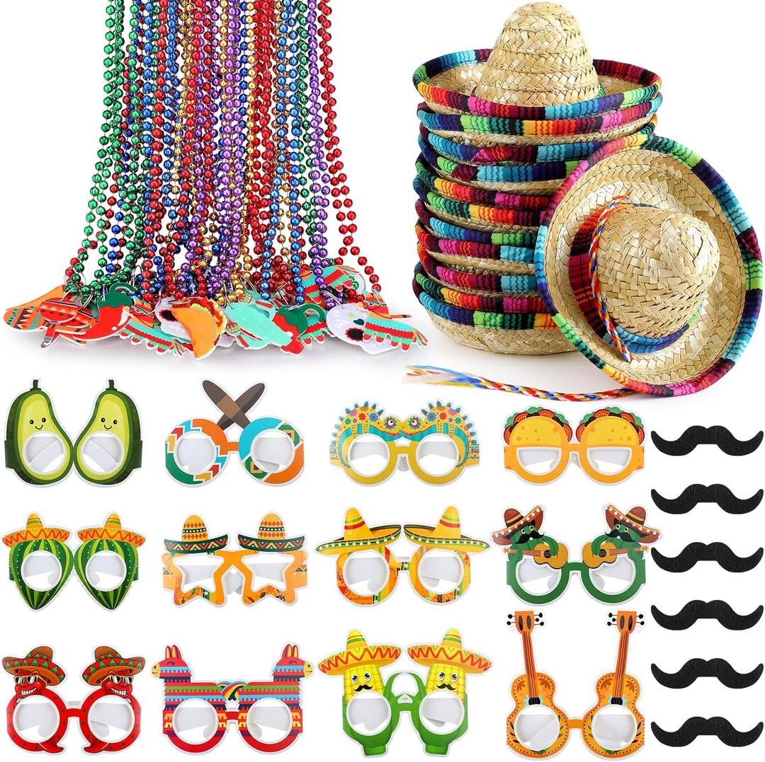 Bucherry 54 Pieces Cinco De Mayo Sombrero Hats Mexican Beaded Necklace Paper Eyewear Fiesta Party Supplies Bulk for Mexican Day Decorations