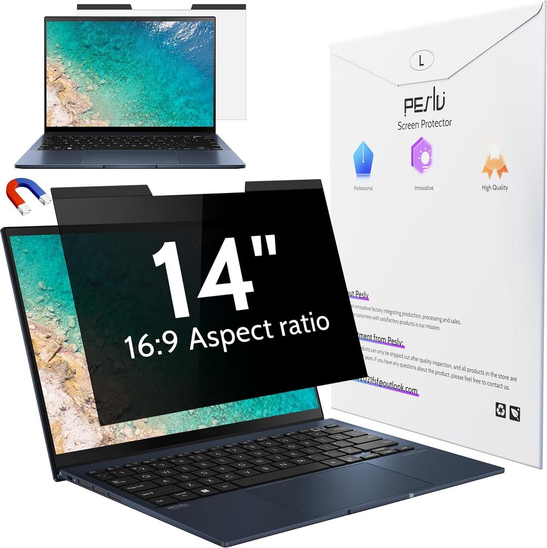 Peslv
Magnetic Laptop Privacy Screen 14 inch for 16:9 Computer Monitor, 14" Removable Anti Glare Protector Blue Light Filter Shield Compatible with Lenovo Hp Dell Acer Asus Thinkpad Envy Xps