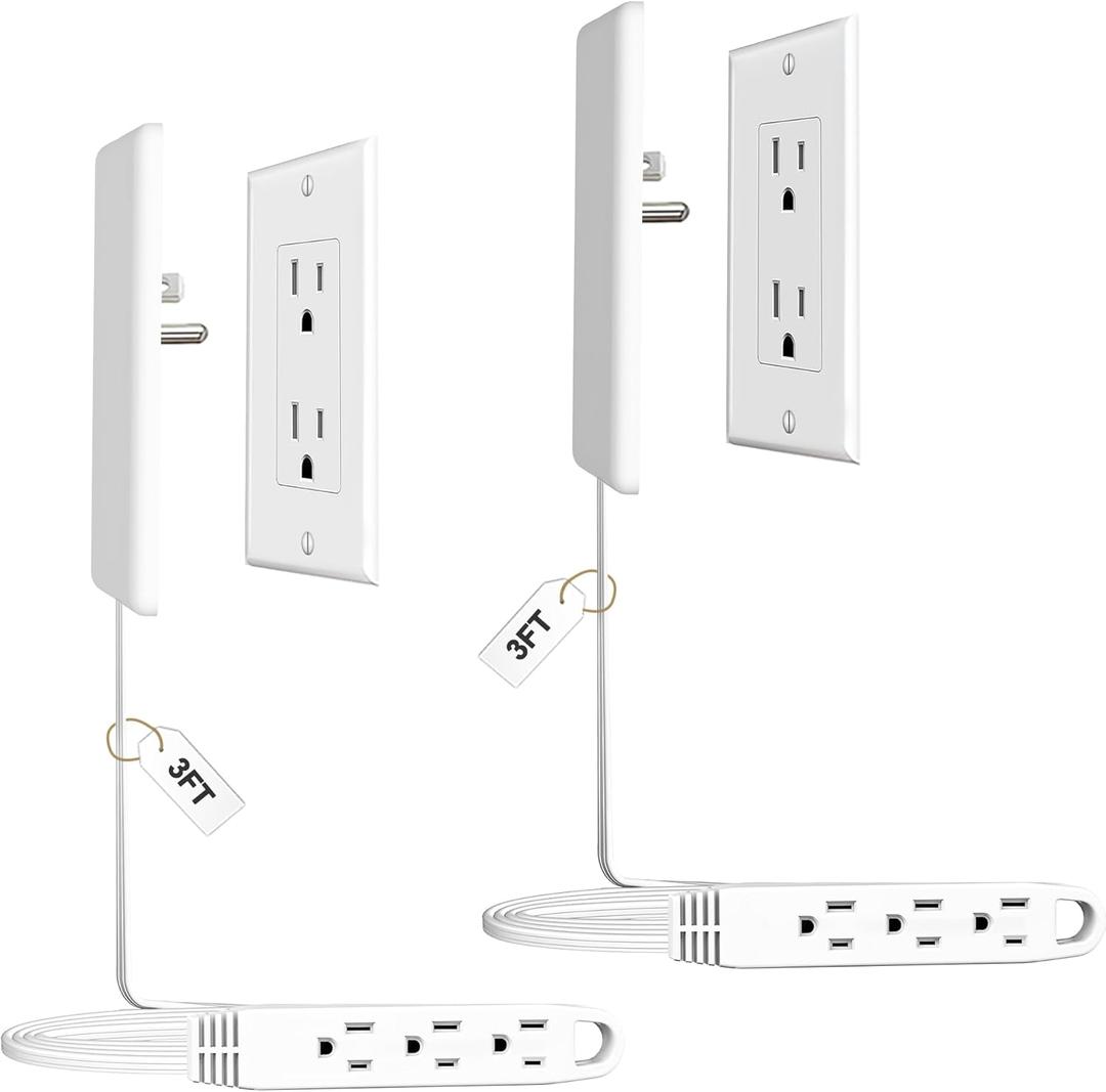 2 Pack 3FT Flat Plug Extension Cord Power Strip with 3 Outlets, Patented Detachable Ultra-Thin Outlet Cover Concealer & Ultra-Flat Plug, Max. 13A 125V 1625W ETL Listed, White Color