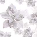 Boao 24 Pieces Christmas Artificial Glitter Poinsettia Flowers Xmas Flowers Wedding Christmas Tree New Year Ornaments (Silver)