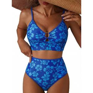 Herseas Women's O Ring Bikini Sets 2 Pieces Floral Print Swimsuits High Waisted Bathing Suits (M)