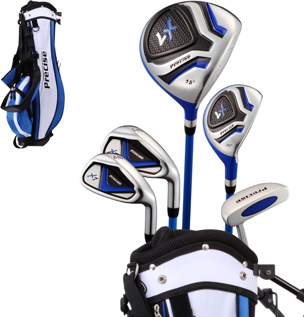 Precise X7 Kids Golf Clubs Set  Boys & Girls Junior Golf Set with Lightweight Graphite Shafts, Hybrid, Putter & Stand Bag (Right Hand, Blue Ages 9-12)