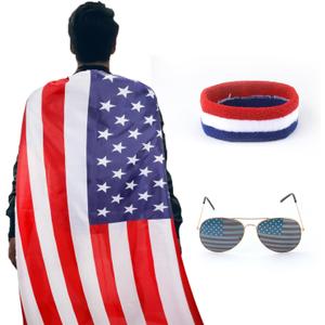 LUTER 3PCS Accessories for 4th of July, American Flag Costume Cape, Retro 80's American USA Sunglasses and Red White and Blue Bandana Headband, Outfits for Independence Day for Adult Men Women