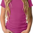 Oakgarden Girls' Short Sleeve Shirts Crew Neck Ribbed Knit Tops Casual Basic Slim Fitted Tees Summer Fashion Soft T Shirts