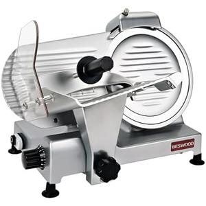 BESWOOD 10" Premium Chromium-plated Steel Blade Electric Deli Meat Cheese Food Slicer with Serving Plate Commercial and for Home use 240W Classic Silver