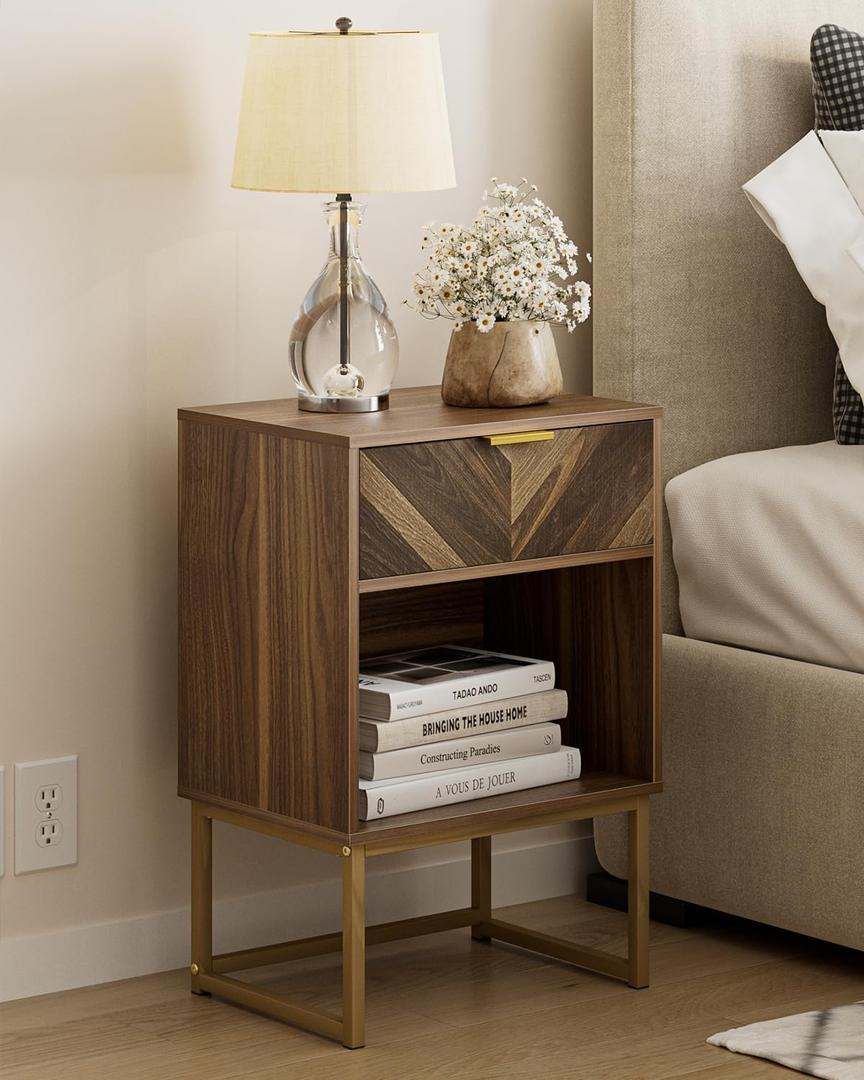 Masupu Nightstand,Modern Night Stand Boho Farmhouse Wood Bedside Table with Storage Drawer Side End Table for Bedroom,Living Room,Office,Walnut Brown(15.35"D x 22.24"W x 13.42"H)