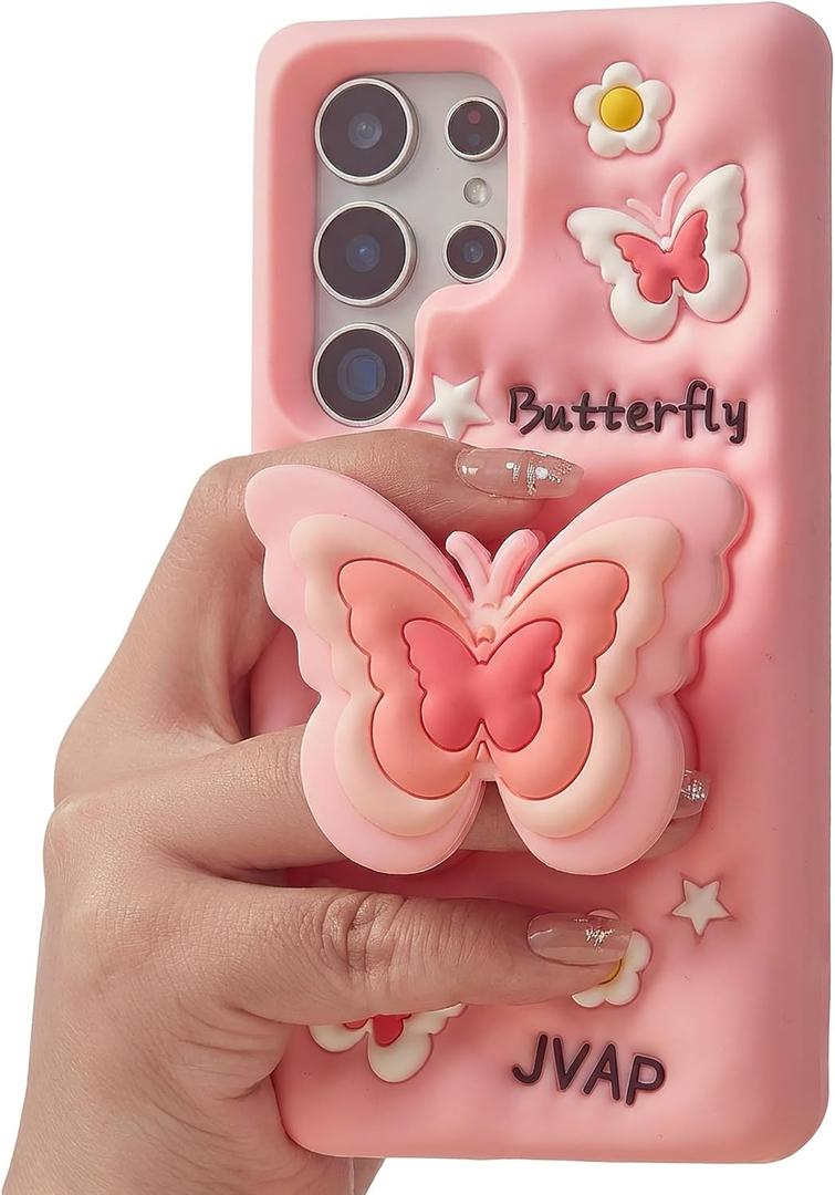 Cute 3D Butterfly Pop-Up Stand and Grip Phone Case for Samsung Galaxy S24 Plus, Kawaii Cartoon Soft Silicone Phone Cover, Adorable Girly Design for Girls, Kids, Teens, and Women