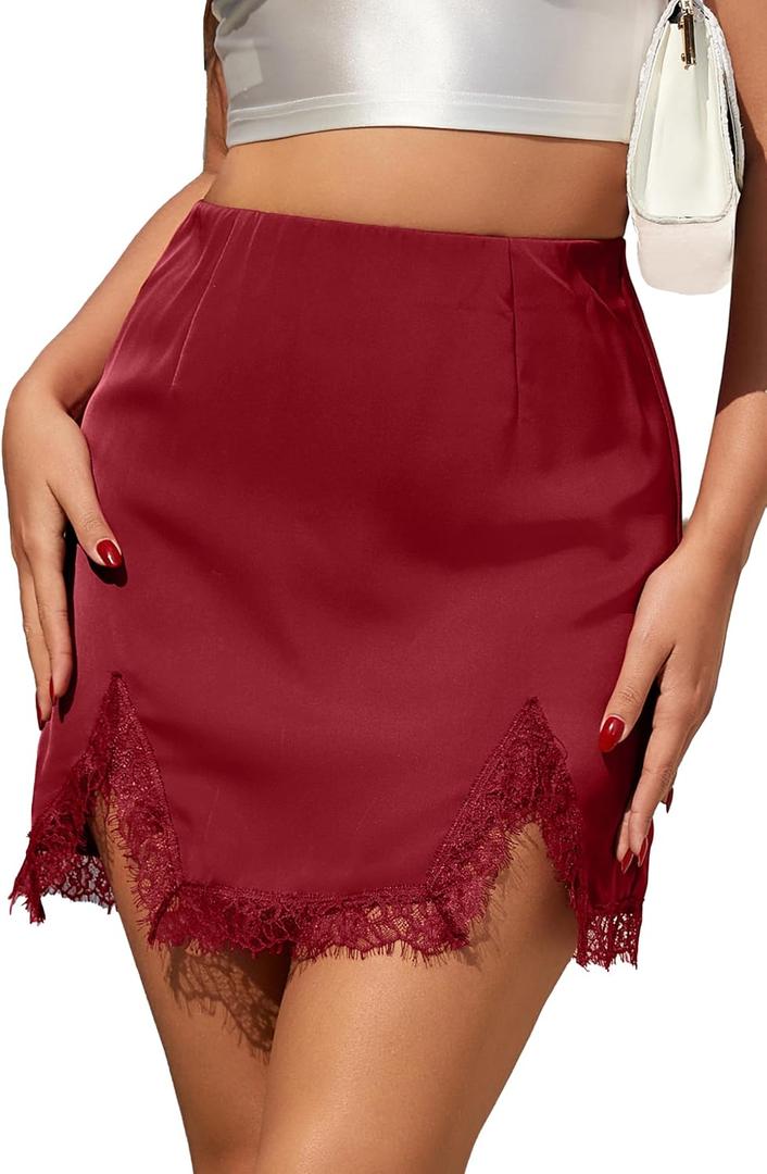 ALCEA ROSEA Women's Satin Mini Lace Trim Split Skirt Split Hem High Waist A-Line Short Bodycon Skirt 7806 (Red, M)