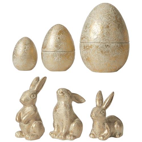 DN DECONATION 6PCS Easter Decorations with 3 Rabbits and 3 Nesting Easter Eggs, Small Gold Easter Bunny Figurines Decor, Spring Tabletop Decor Bunny Egg Statues, Vintage Decor, Gift