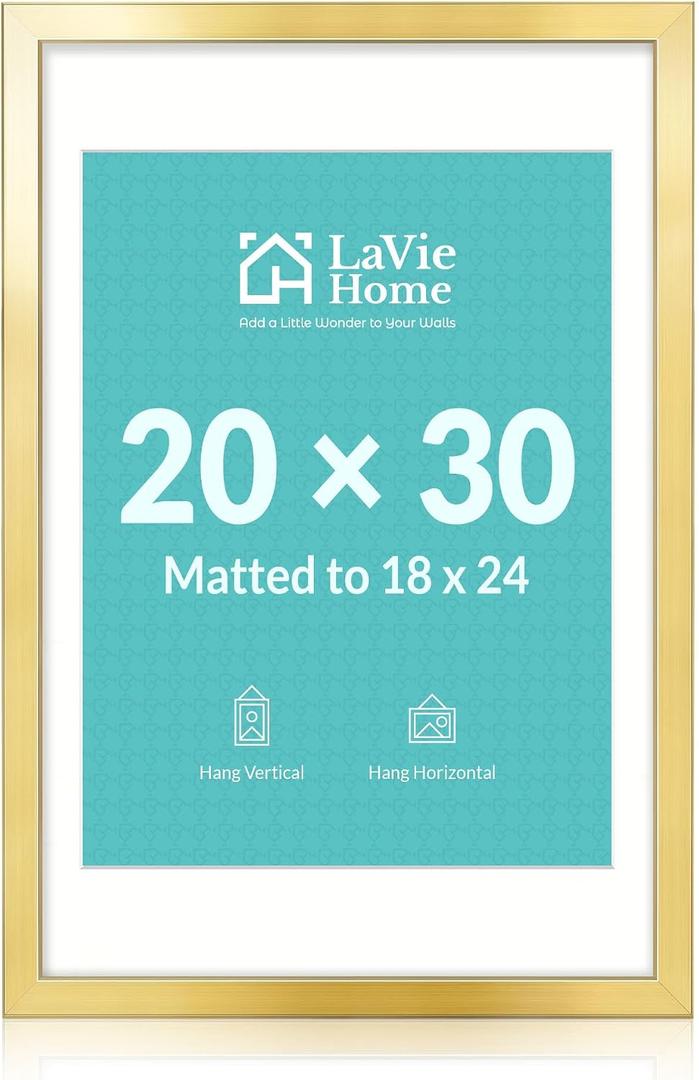 20x30 Picture Frame Gold Poster Frame,Display Pictures 18x24 with Mat or 20x30 Without Mat, Stable and Sturdy Frame and Polished Plexiglass, Horizontal and Vertical Format of The Walls