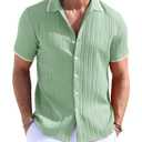 TUREFACE Short Sleeve Button Up Shirts Men's Green Textured Shirts Wrinkle-Free Fashion Summer Beach Shirts, XXL 