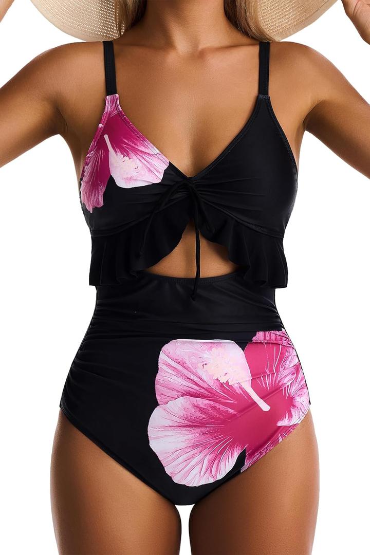 Women One Piece Swimsuit Tummy Control Ruffle Bathing Suit Cutout V Neck Swim Suit Ruched Slimming Swimwear (M, Orange Floral Print)