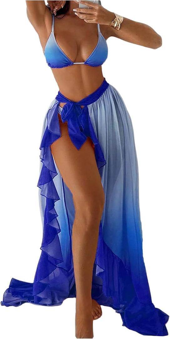 SHENHE Women's 3 Piece Swimsuits Ombre Triangle Bathing Suit with Sarong Coverup Wrap Skirt (Blue, S)