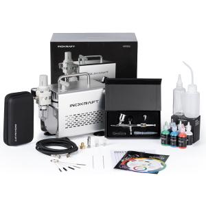 InoKraft Airbrush Kit with Air Compressor- 1/6 HP Quiet Air Compressor, Gravity Airbrush with 3 Tips 0.2, 0.3 & 0.5 mm- Hose, Holder, How-To Guide- Airbrush Paint Set for Model Painting gift 4 Colors