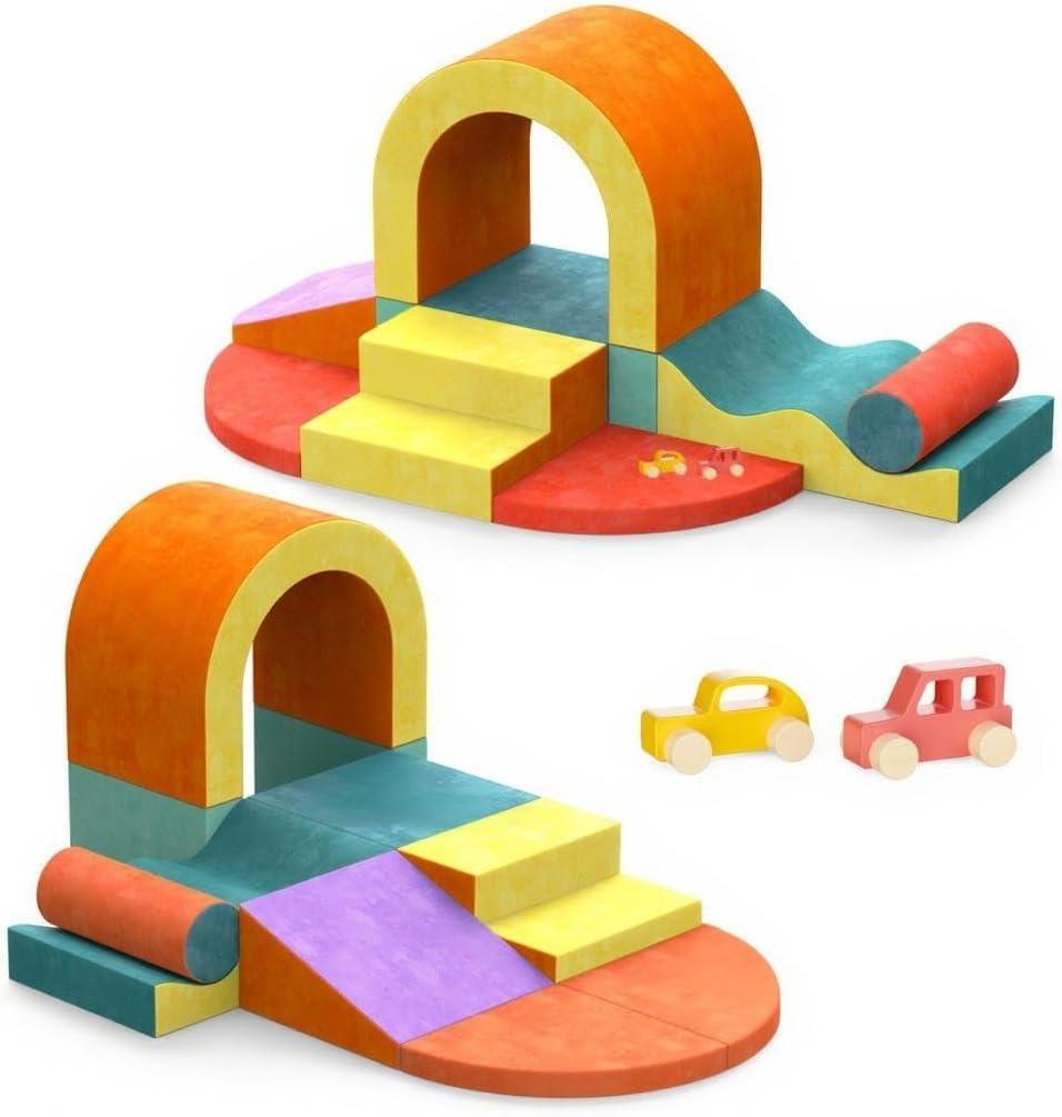 10 PCS Color Foam Climbing Blocks for Toddlers, Soft Play Set with Toy Car, Climbing Blocks for Toddlers 1-3, Indoor Climb and Crawl Soft Play Set