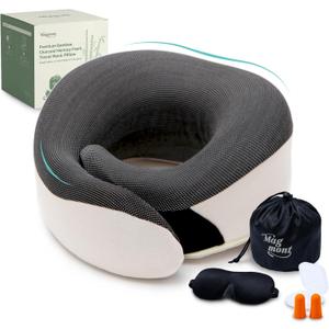 Neck Pillow for Traveling - Bamboo Charcoal Memory Foam with 360 Chin Support for Airplane, Soft & Breathable, Seamless Design, Removable Cover, Travel Accessories Included (Beige)
