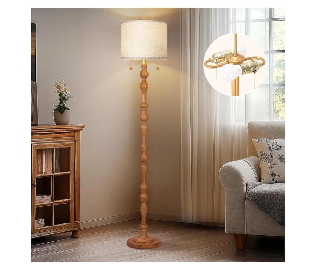 65.5" Natural Real Wood Floor Lamp with S Cluster Pull Chains Dual Switch,Wood Base Tall Lamp,Farmhouse Standing Lamp for Living Room,with Linen Shade,Floor Lamp for Living Room,Bedroom(Bulb Included)