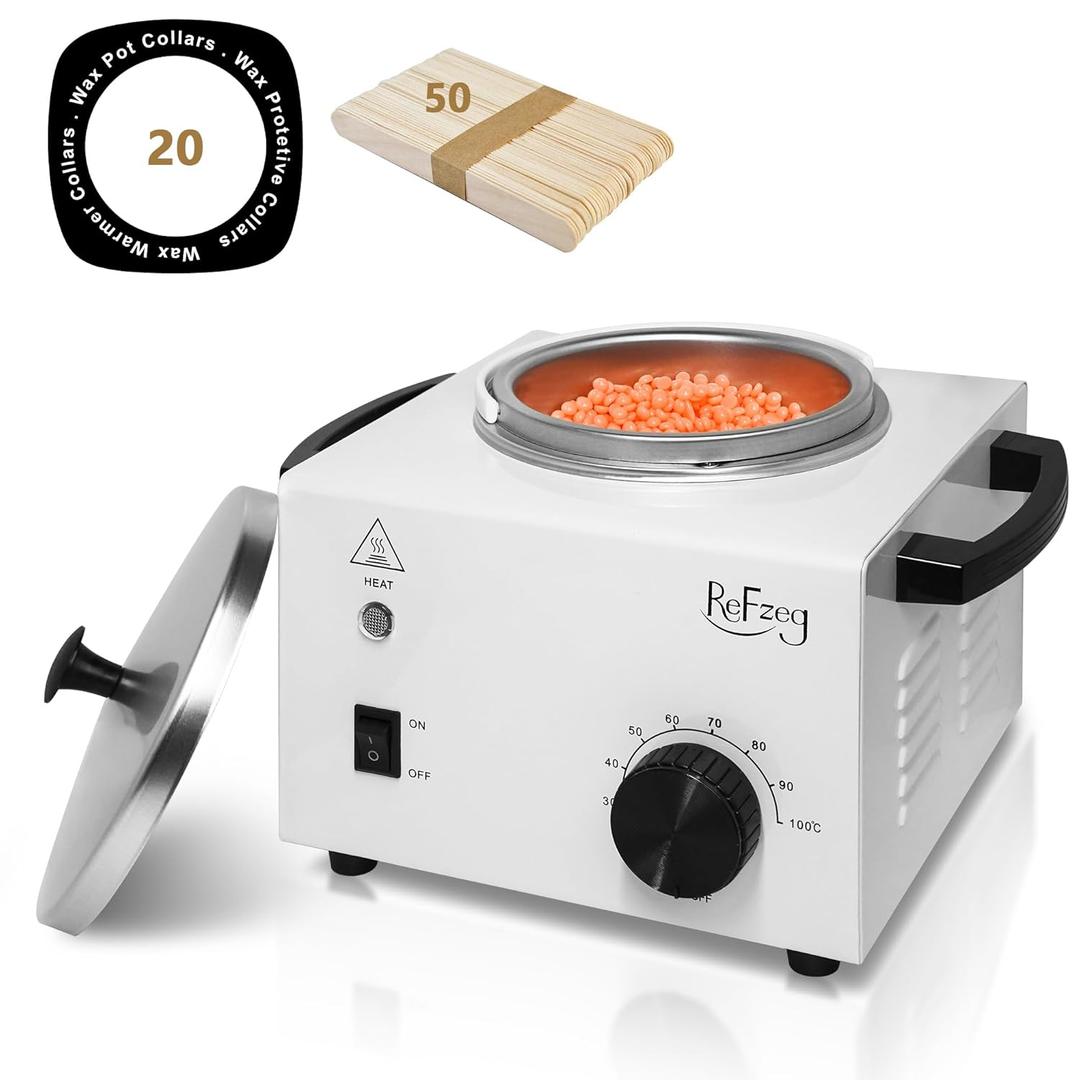 ReFzeg Wax Warmer Single Pot Waxing Kit for Painless Hair Removal, Women Men Portable Wax Heater Machine with Adjustable Temperature Set, 50pcs Sticks, 20pcs Protective Collars