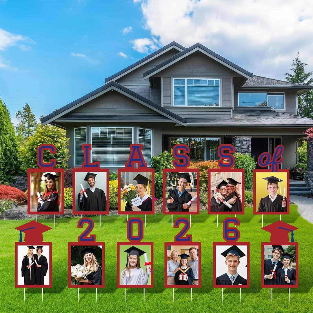 12 Pcs Graduation Photo Yard Sign Decorations 2026, K-12 Grade Graduation School Picture Frame Lawn Sign with Stakes for Kindergarten Middle High School Class of 2026 Grad Party Decorations, Red Blue