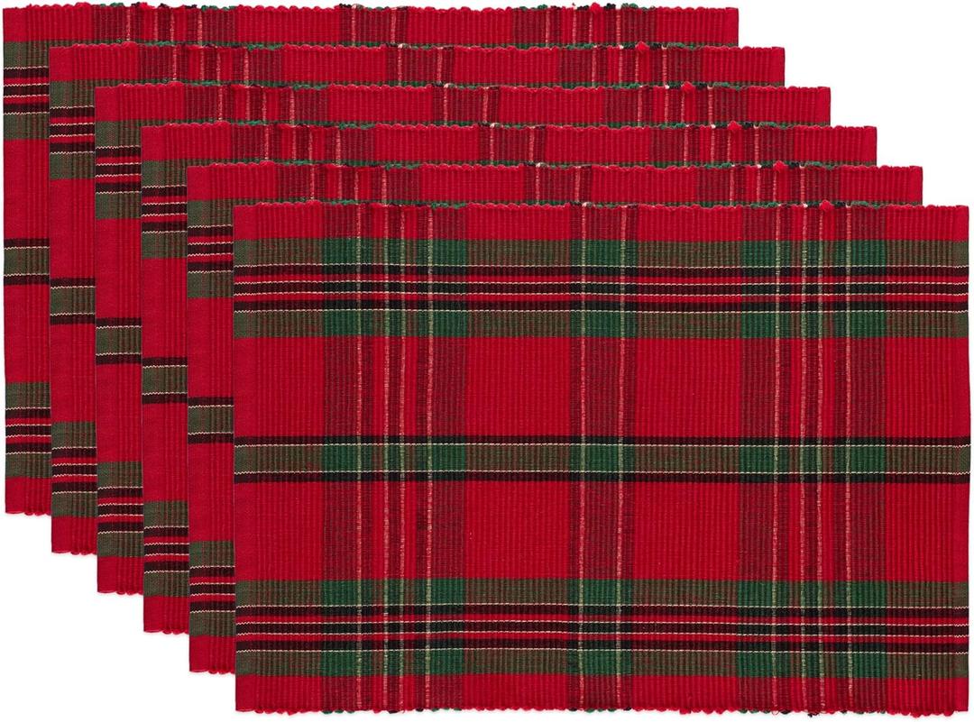 DII Farmhouse Christmas Plaid Dining Table & Kitchen Dcor, Holiday Placemat Set, 13x19, Red & Green, 6 Count