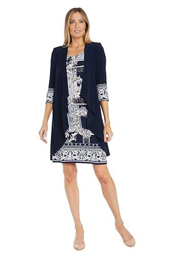 R&M Richards Women's 2-Piece Puff Printed Tank Dress & Solid Flyaway Jacket | Formal Daytime Evening Ensemble Navy/White 6