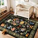 3x5 Entryway Rug Non Slip, Black Washable Floral Area Rug for Bedroom Playroom, Soft Vintage Carpet with Rubber Backing, Stain & Fade Resistant, Low Pile Flower Mat Modern Farmhouse Decor