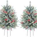 30 Inch Outdoor Prelit Christmas Tree 2 Pack, Battery Operated Flocked Snow Xmas Tree 100 LED Lights, for Entrances Tabletop Ornaments for Porch Driveway Yard Garden