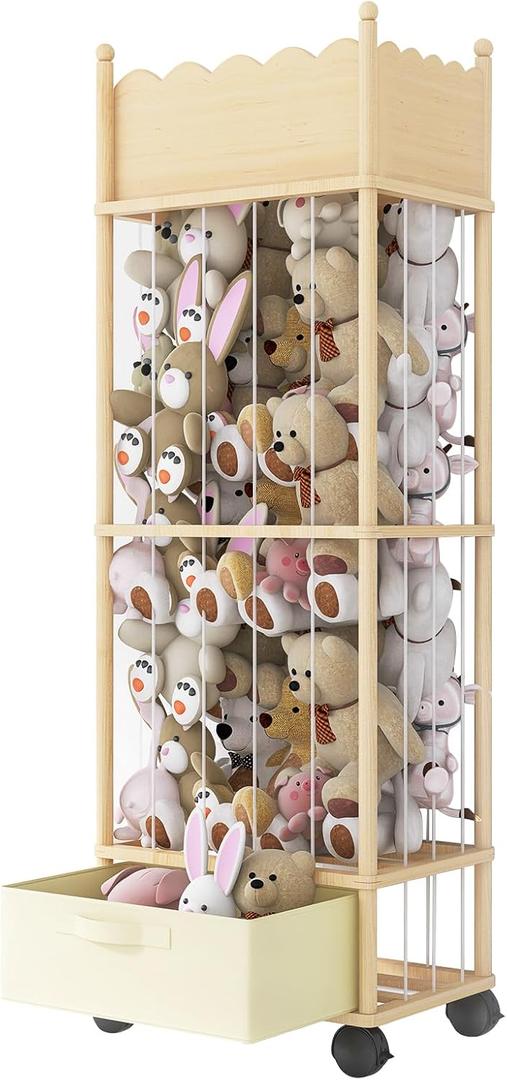 Wooden Stuffed Animal Storage Organizer with Wheels & Drawer  3-Tier Plush Toy Zoo Holder for Kids Room, Nursery & Playroom  Safe Solid Wood, Elastic Rope Design, Smooth Wave Edge